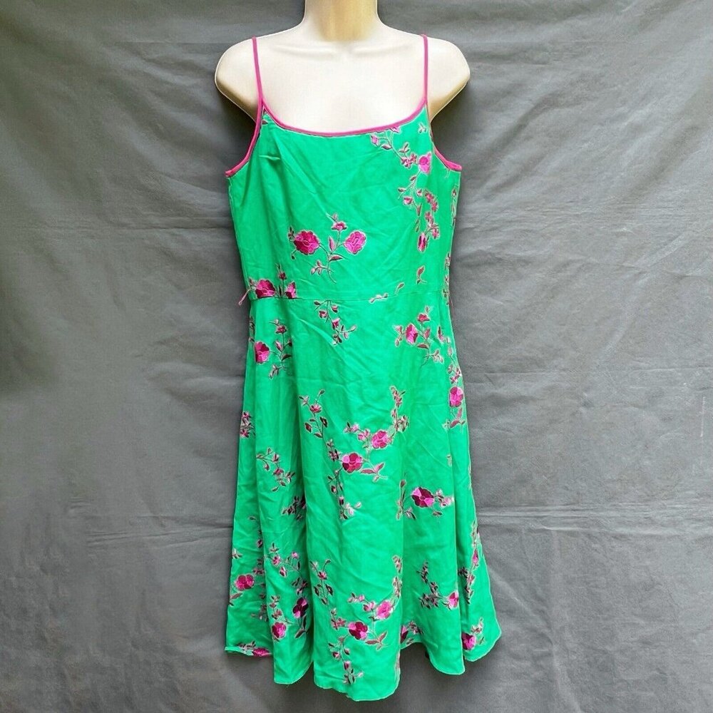 Jessica Howard Size 10 Linen Blend Bright Green Pink Embroidered Dress y2k 90s